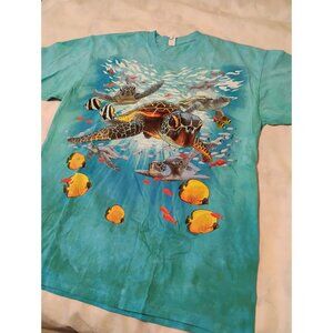 Vintage Liquid Blue T Shirt Turtles Nature Tie Dye Large Test Print